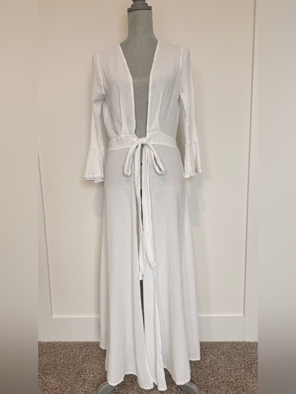 Cotton Natural White Bell Sleeve Tie Front Duster | Boho Beach Cover Up - Picture 3 of 7